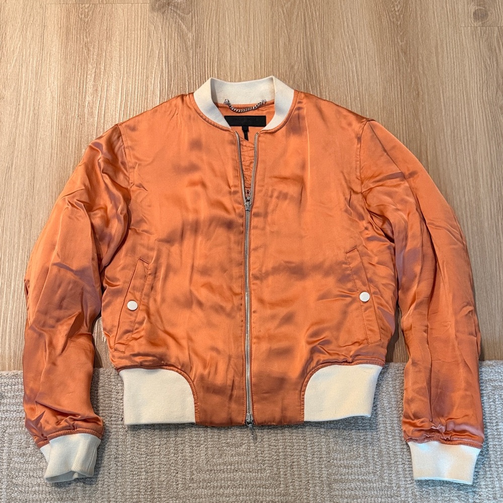 Rag & Bone Women’s Orange Satin Bomber Jacket with Cream Trim
